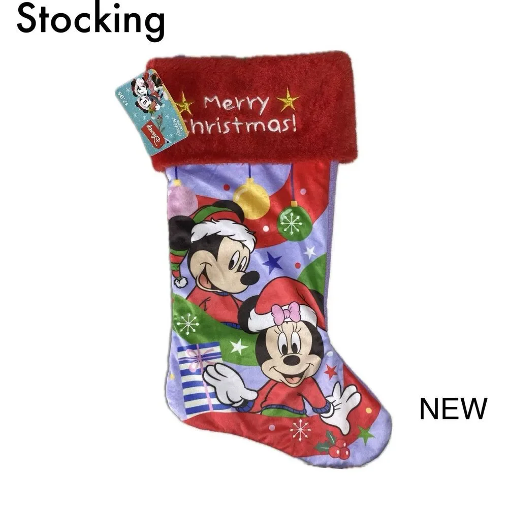 Disney Mickey and Minnie Mouse Christmas Stocking Red Faux Fur Cuff Purple NWT